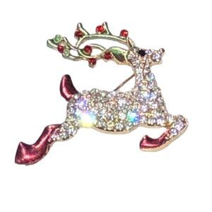 NEW Sparkling RHINESTONE Flying Reindeer CHRISTMAS Brooch With Red Accents